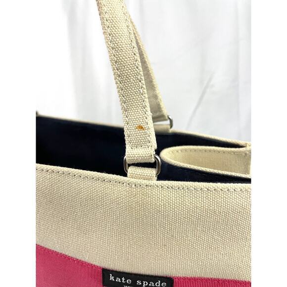 VTG Kate Spade Tote Bag Beige Pink Canvas Handbag Solid Stripe - Picture 8 of 16